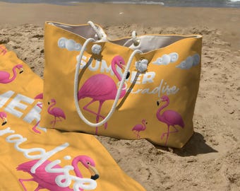 Flamingo Beach Bag and Towel Set, Oversized Vacation Tote With Rope Handle, Travel Gift