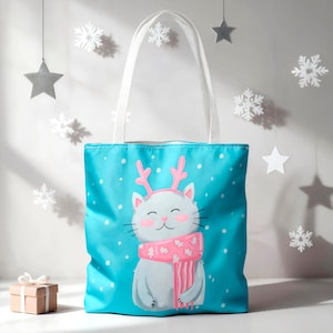 Cat Tote Bag with Antlers – Cute Winter Cat Illustration, Cozy Gift for Cat Lovers