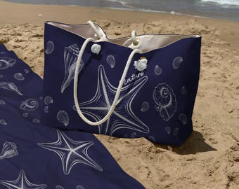Oversized Beach Bag & Towel Set, Nautical Seashell Starfish Design, Rope Handle Tote, Vacation Gift
