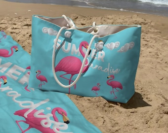 Pink Flamingo Beach Bag & Towel Set, Summer Paradise Essentials, Oversized Tropical Tote, Cruise Vacation Gift, Large Travel Carryall