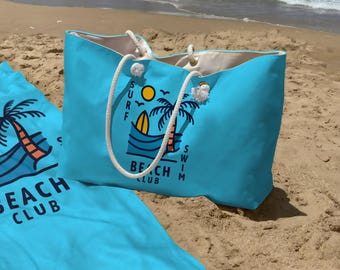 Beach Club Bag & Towel Set, Oversized Rope Handle Tote, Vacation Bundle, Blue Travel Bag