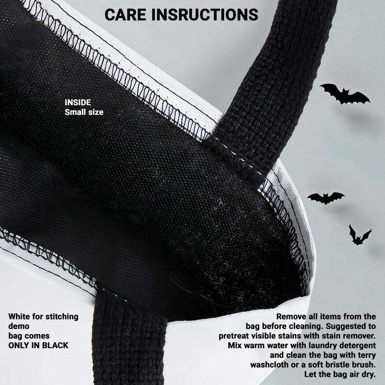 Puede incluir: Primer plano de un bolso tote blanco y negro con el texto "CARE INSRUCTIONS". El bolso tiene asas negras y costuras blancas. El texto "INSIDE Small size" es visible. Tambi&eacute;n se muestran las instrucciones de cuidado del bolso.