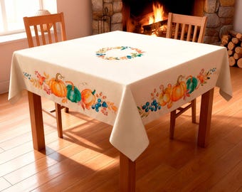 100% Cotton Tablecloth – Fall & Winter Watercolor Table Cover, Cozy Farmhouse Dining Decor, Home Gift