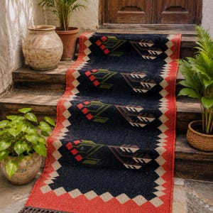 May include: A navy blue stair runner rug with a geometric pattern in red, beige, green, and brown. The rug has a red border with a zig-zag design and a fringed edge. The rug is placed on wooden steps, with plants and a wooden door in the background.
