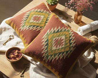 Handwoven Jute Kilim Pillow Covers, Boho Tribal Geometric Rust Throw Pillows