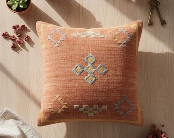Terracotta Orange Sabra Silk Pillow Cover with Cotton Back, Moroccan Geometric Cushion