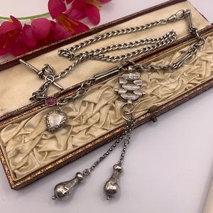 Vintage Sterling Silver Ornate Watch Chain Necklace with Puffy Heart Charm