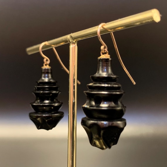 Original Antique Victorian Hand Carved Whitby Jet Drop Earrings