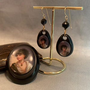 Victorian Whitby Jet Earrings and matching Brooch with hand painted Portrait