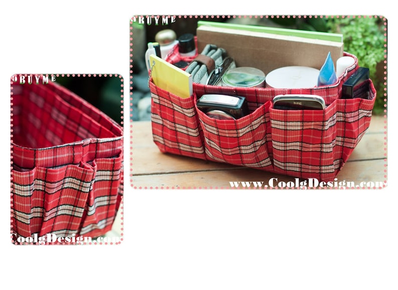 Medium Purse Organizer Insert Handmade Gift Extra Sturdy Red Plaid Medium 22x 8cm