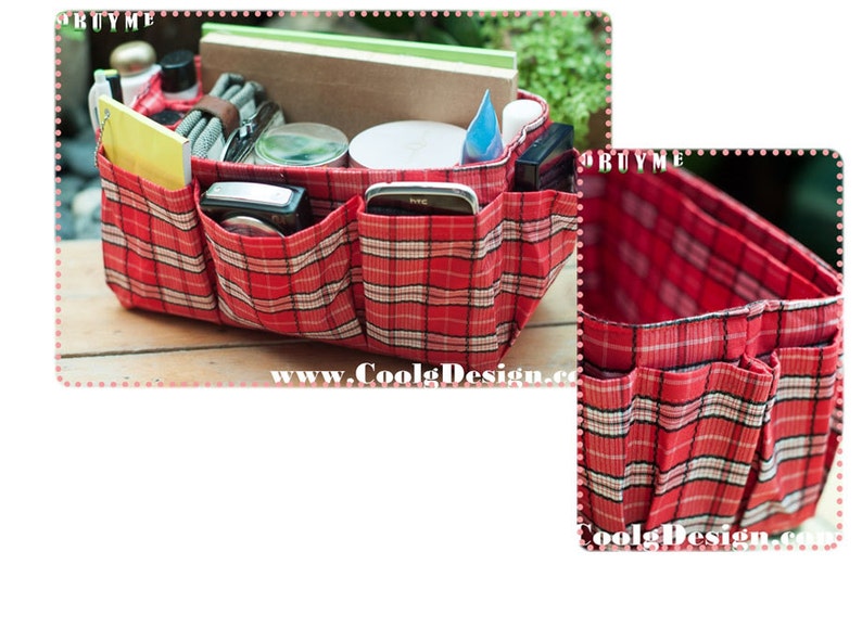 Medium Purse Organizer Insert Handmade Gift Extra Sturdy Red Plaid Medium 22x 8cm