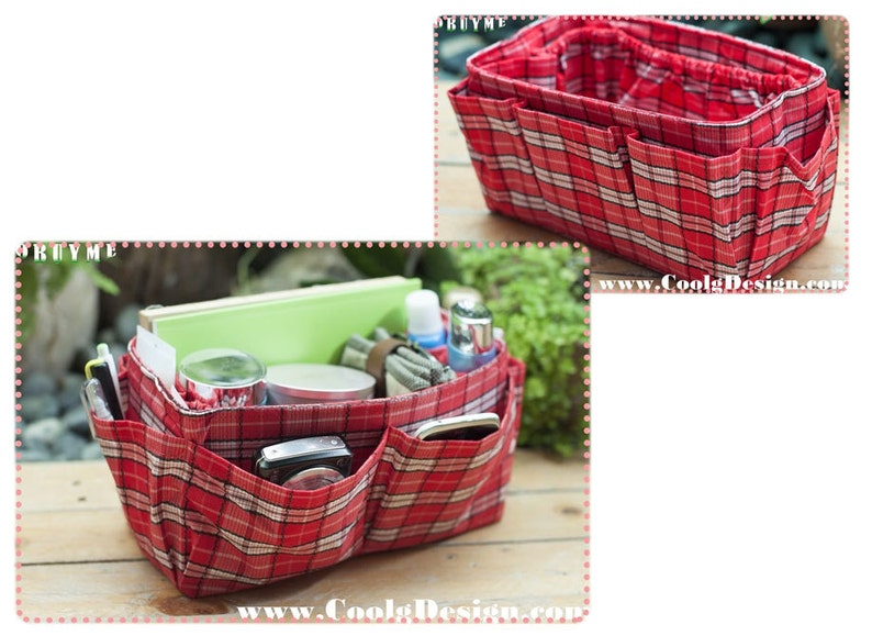 Medium Purse Organizer Insert Handmade Gift Extra Sturdy Red Plaid Medium 22x 8cm