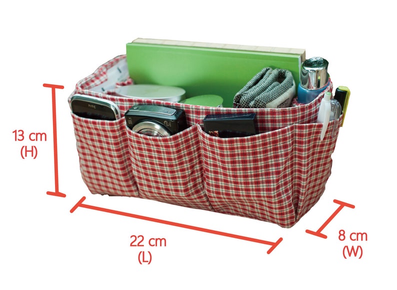 Medium Purse Organizer Insert Handmade Gift Extra Sturdy Red Plaid Medium 22x 8cm