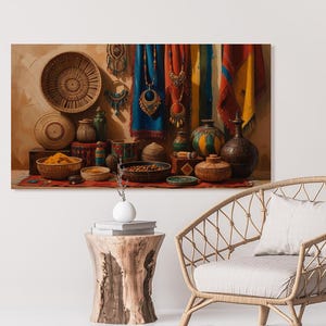 Arte mural bohemio norteafricano imprimible: decoración tribal, cestas marroquíes y bodegones de joyería