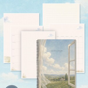May include: A collection of printable journal pages titled A GENTLE MORNING by muni notes. The set includes a spiral-bound cover featuring a window view of a landscape, alongside lined, dotted, blank, weekly, and monthly planner sheets with clouds.