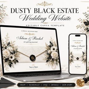 Black White Gold Wedding Website Template, Editable Canva Wedding Invitation with RSVP Form, Mobile Wedding Website,  Instant Download