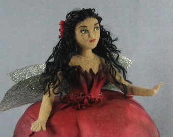 Red Flower Fairy Soft Sculpture Miniature Doll by Marie W, Evans