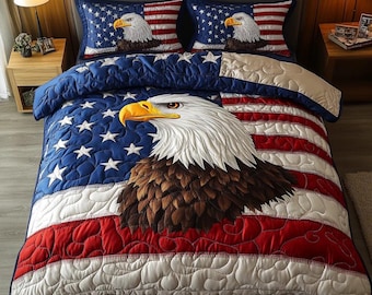 Juego de ropa de cama con edredón American Eagle, colcha con la bandera de EE. UU., juego de edredón patriótico con águila calva, decoración para el dormitorio del 4 de julio.