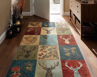 Tapete rústico com patchwork de veados, tapete para chão de cabana na floresta, decoração de chalé na floresta outonal, tapete vintage para casa com tema da natureza.