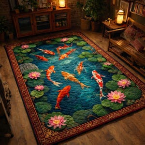 Koi Fish Lotus Rectangular Mat – Japanese Pond Design, Colorful Koi & Water Lily Printed Floor Mat, Non-Slip Polyester