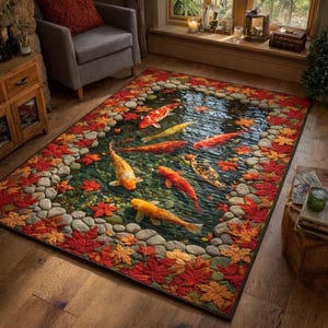 Autumn Koi Pond Rectangular Mat – Fall Leaves & Stone Border Design, Colorful Fish Printed Floor Mat, Non-Slip Polyester