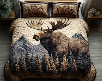 Dekbedset elandenberg, rustieke sprei hutlodge, deken bos natuur, slaapkamerinrichting natuur