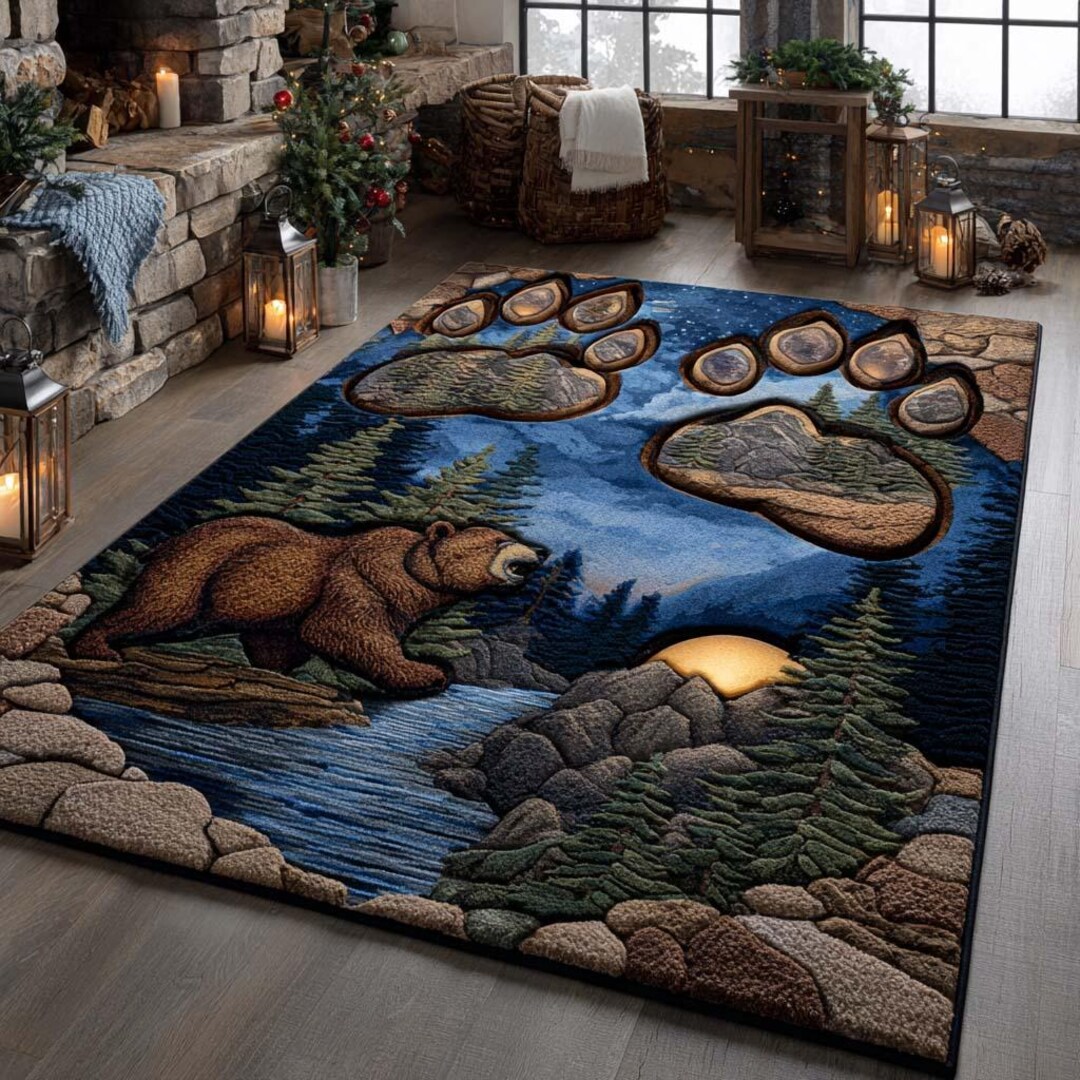 Bear Paw Print Forest Area Rug, Rustic Wildlife Cabin Lodge Rug, 3D ...