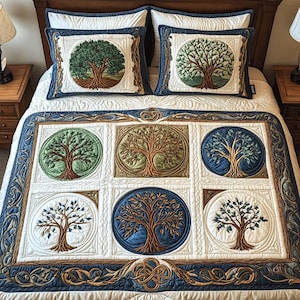 Tree of Life Quilt Bedding Set, Celtic Knot Bedspread, Nature Tree Quilt Set, Rustic Farmhouse Bedroom Decor