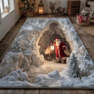Alpine Weihnachtshöhle 3D gedruckter Weihnachtsteppich, Winter-Schneeszene Bodenmatte, Feiertags-Dekoration, Weihnachtsmann- und Rentier-Bereich Teppich