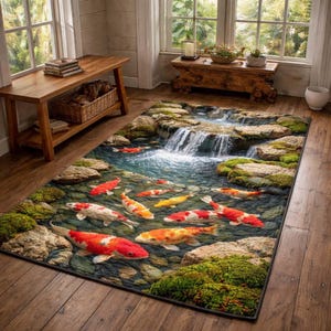 Koi Waterfall Rectangular Mat – Nature Stream & Fish Pond Design, Zen Garden Printed Floor Mat, Non-Slip Polyester