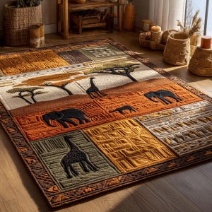 Alfombra de safari africano – Alfombra con estampado tribal de elefantes y jirafas, diseño étnico de retazos de vida silvestre, alfombra antideslizante estampada.