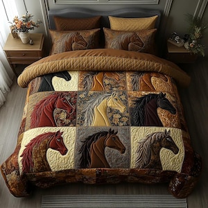 May include: A quilted bedspread and pillow set featuring horse head designs in various colors. The quilt has a patchwork design with squares of different colors and patterns. The pillows and bedspread are in shades of brown, tan, and gold.