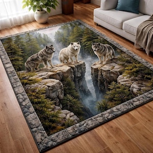Wolf Canyon Rectangular Mat – 3 Wolves Cliff Nature Design, Forest Wildlife Printed Floor Mat, Non-Slip Polyester