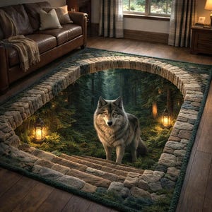 3D Wolf Forest Pit Rectangular Mat – Lantern Woodland Illusion Design, Wildlife Printed Floor Mat, Non-Slip Polyester