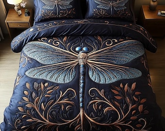 Juego de ropa de cama de lujo con edredón de libélulas, elegante colcha azul marino, juego de edredón botánico vintage, decoración de dormitorio estilo academia oscura