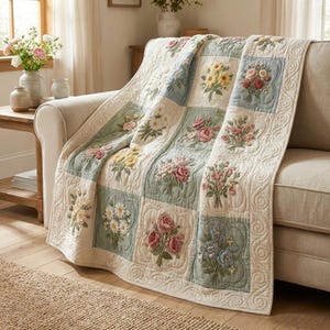 Pode incluir: Uma colcha floral drapeada sobre um sofá bege. A colcha apresenta buquês bordados em quadrados brancos, azul claro e creme. As flores incluem rosas, margaridas e outras flores. A borda da colcha tem um padrão acolchoado decorativo.