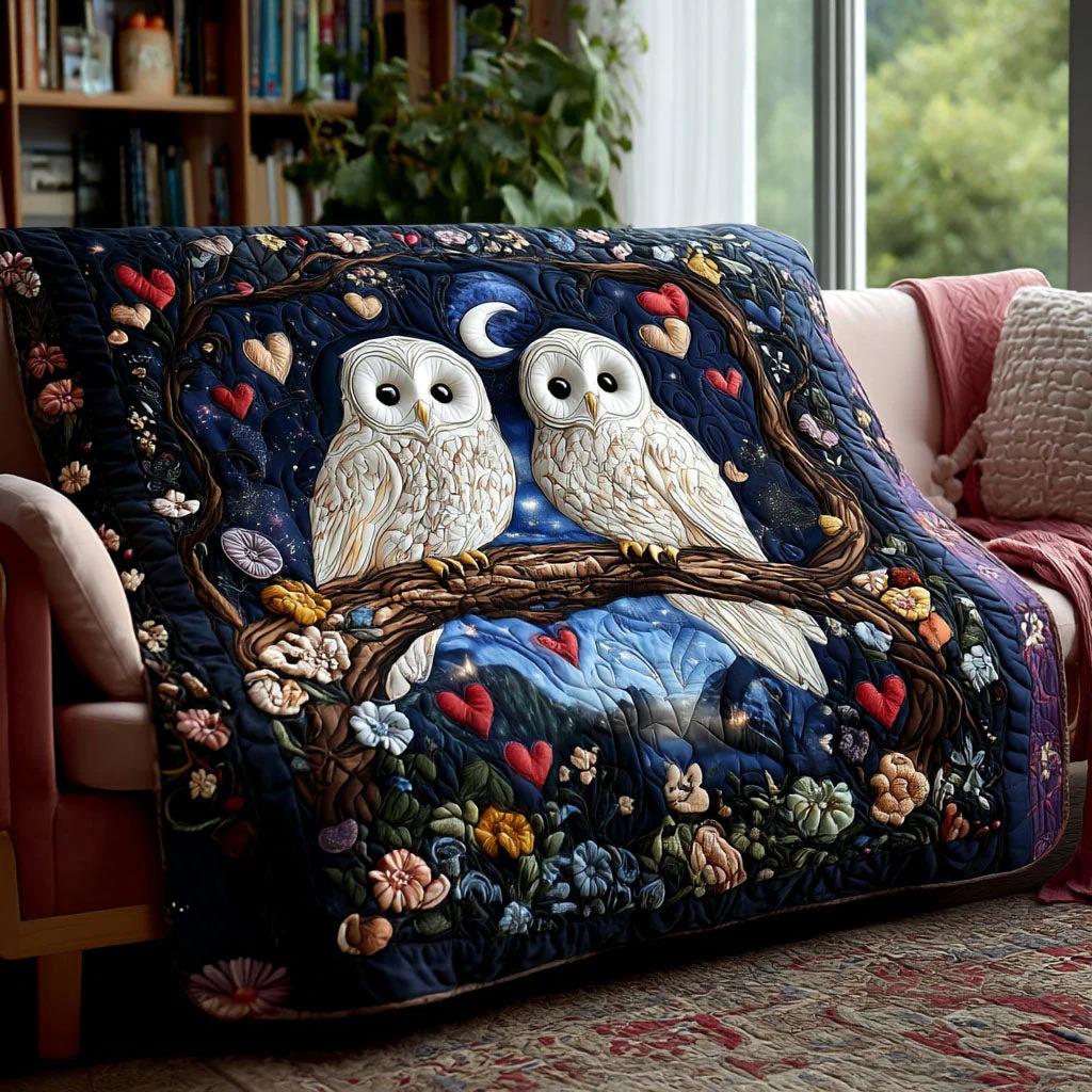 Owl Couple Lightly Quilted Blanket, Romantic Owl Quilt Throw, Night Forest Owl Bedding, Cottagecore