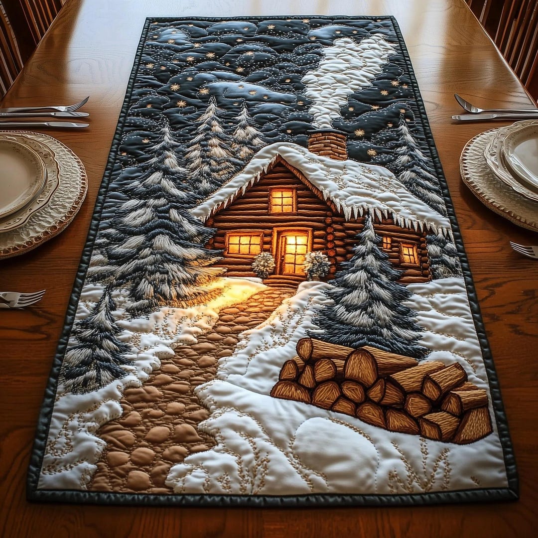 Winter Cabin Table Runner, Cozy Log Cabin Christmas Runner, Printed ...