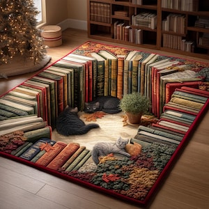 May include: A rectangular rug with a library design, depicting book stacks as walls. Two black cats and one grey cat are on the rug. A small potted plant is in the centre. The rug has a red border and a colourful, textured pattern.