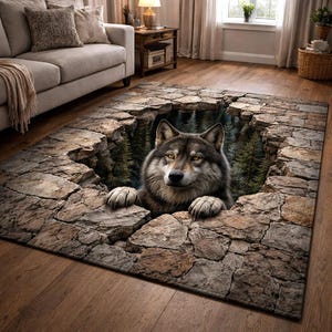 3D Wolf Hole Rectangular Mat – Realistic Stone Pit Illusion Design, Wildlife Printed Floor Mat, Non-Slip Polyester