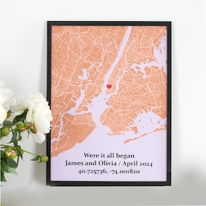 Où tout a commencé, carte du lieu où nous nous sommes rencontrés, cadeau d'anniversaire, cadeau de mariage personnalisé, notre histoire, cadeau premier rendez-vous, impression de plan de la ville notre premier rendez-vous