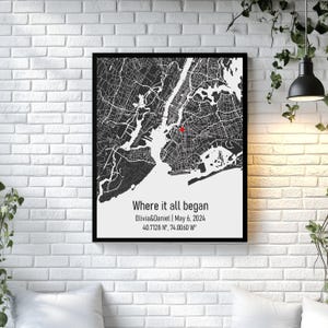 Où tout a commencé, carte du lieu où nous nous sommes rencontrés, cadeau d'anniversaire, cadeau de mariage personnalisé, notre histoire, cadeau premier rendez-vous, impression de plan de la ville notre premier rendez-vous