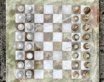 Green Onyx Marble Chess Set: Handcrafted Luxury with Velvet Case