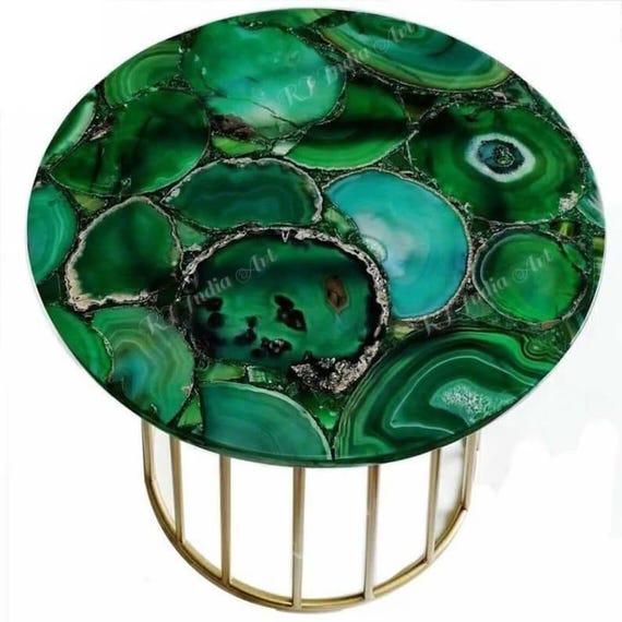 Green Agate Table Top: Handmade Gemstone Round Decor