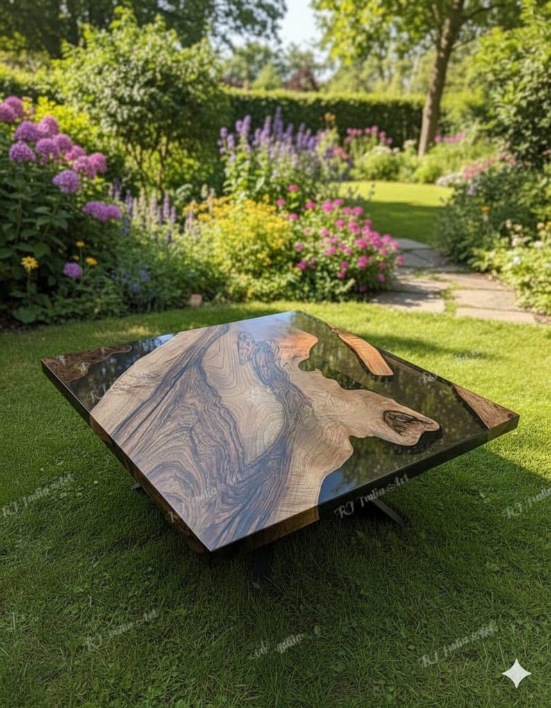 May include: Square wooden coffee table with a dark, glossy epoxy resin top. The table features a natural wood grain pattern with a mix of brown, black, and tan tones. The table is set on a green lawn with a garden in the background.