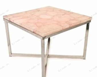 Handmade Rose Quartz Table: Square Stone Table with Metal Stand