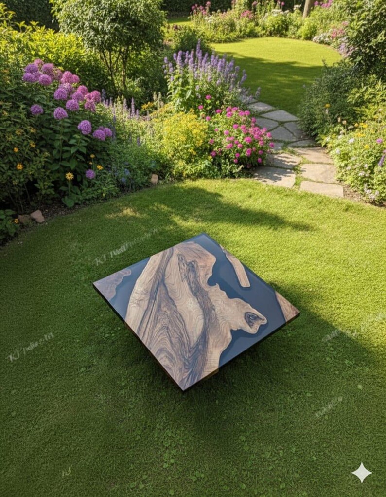 May include: A square coffee table with a dark blue resin center and a natural wood grain border. The table is set on a green lawn, surrounded by a garden with flowers and greenery.