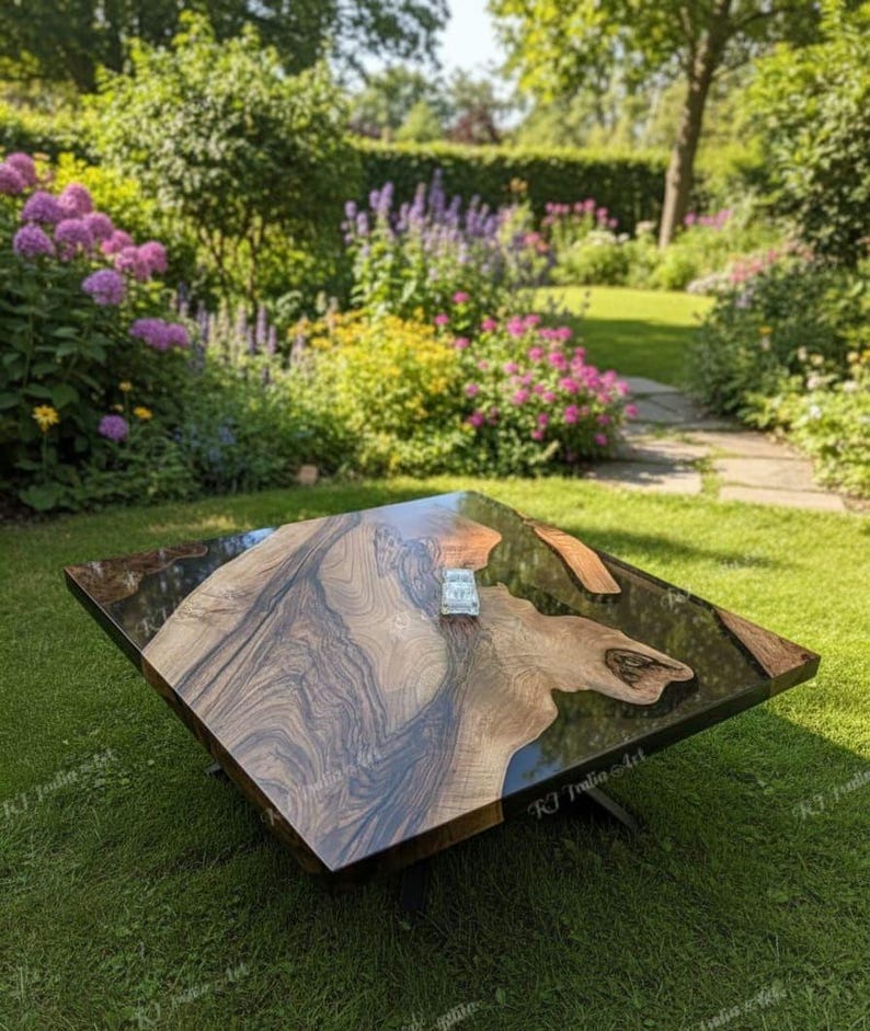 Handmade Acacia Wood & Black Epoxy Resin Table Top - Custom Size image 1