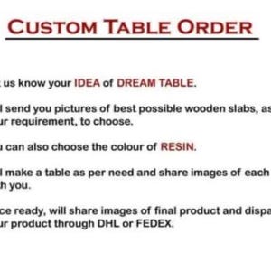 May include: Image with the text "CUSTOM TABLE ORDER" and numbered steps detailing the custom table ordering process. The steps include sharing ideas, choosing wooden slabs and resin colors, and sharing images of the table's progress.