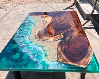 Tablero de mesa de resina epoxi con diseño de olas oceánicas: Mesa de comedor de madera de nogal